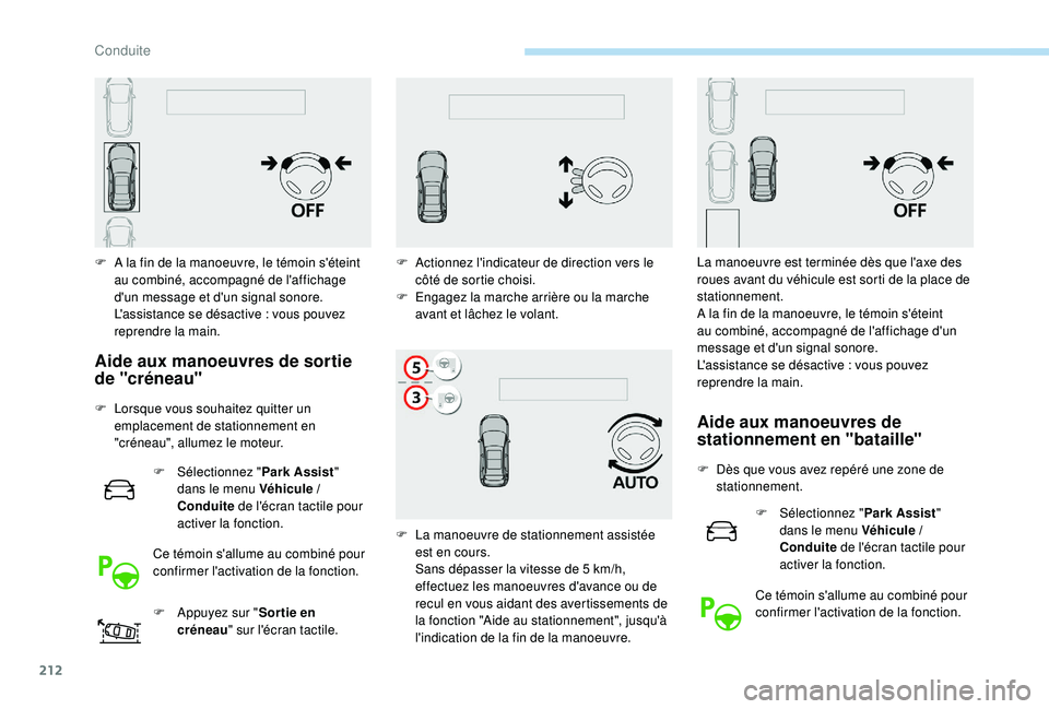 PEUGEOT 3008 2018  Manuel du propriétaire (in French) 212
F A la fin de la manoeuvre, le témoin s'éteint au combiné, accompagné de l'affichage 
d'un message et d'un signal sonore.
L'assistance se désactive
  : vous pouvez 
repren