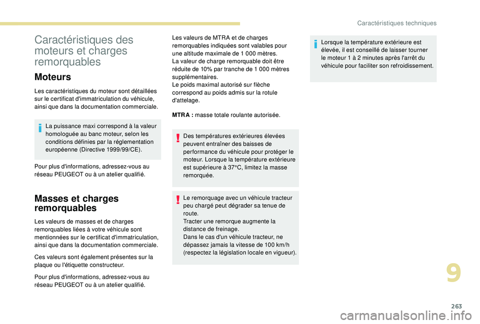 PEUGEOT 3008 2018  Manuel du propriétaire (in French) 263
Caractéristiques des 
moteurs et charges 
remorquables
Moteurs
Les caractéristiques du moteur sont détaillées 
sur le certificat d'immatriculation du véhicule, 
ainsi que dans la document