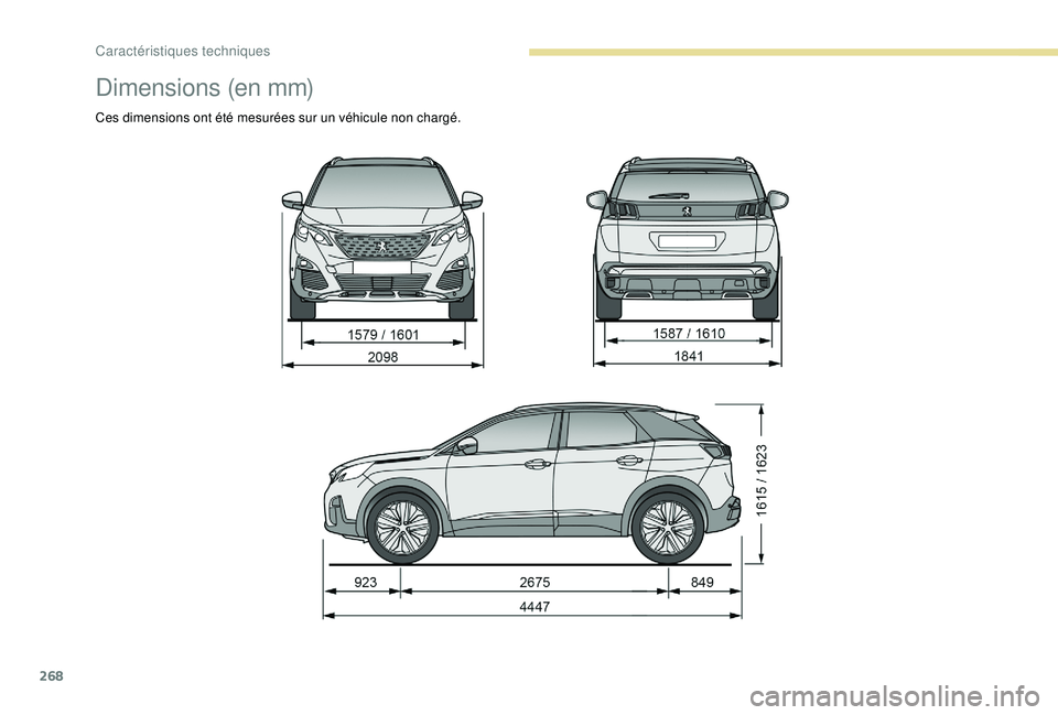 PEUGEOT 3008 2018  Manuel du propriétaire (in French) 268
Dimensions (en mm)
Ces dimensions ont été mesurées sur un véhicule non chargé. 
Caractéristiques techniques  