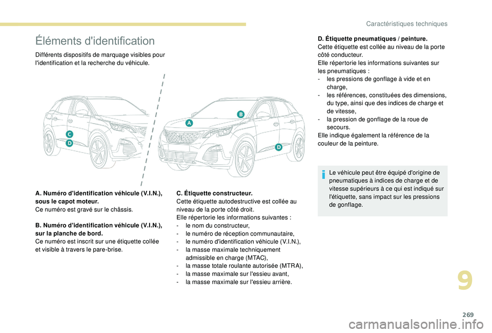 PEUGEOT 3008 2018  Manuel du propriétaire (in French) 269
Éléments d'identification
Différents dispositifs de marquage visibles pour 
l'identification et la recherche du véhicule.
A. Numéro d'identification véhicule (V.I.N.), 
sous le c