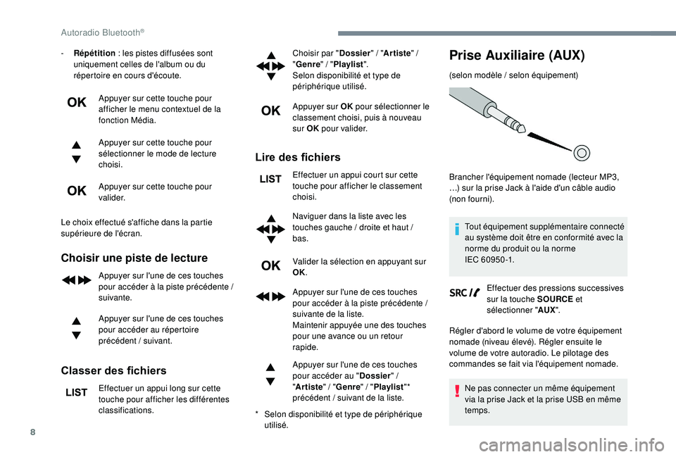 PEUGEOT 3008 2018  Manuel du propriétaire (in French) 8
- Répétition : les pistes diffusées sont 
uniquement celles de l'album ou du 
répertoire en cours d'écoute.
Appuyer sur cette touche pour 
afficher le menu contextuel de la 
fonction M