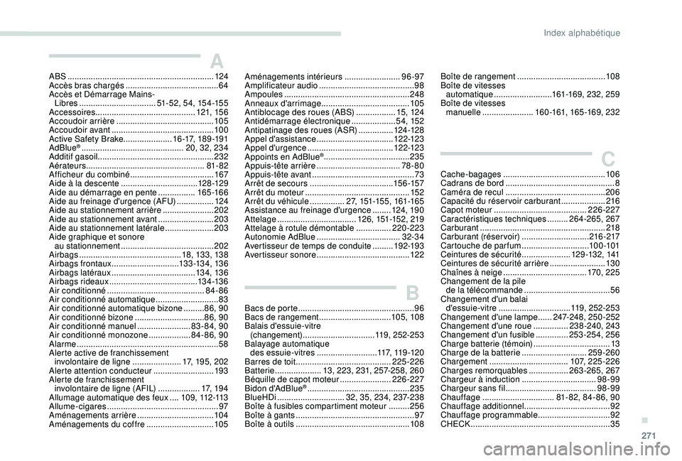 PEUGEOT 3008 2018  Manuel du propriétaire (in French) 271
ABS ...............................................................124
Accès bras chargés  ........................................ 64
Accès et Démarrage Mains- Libres
 

.....................