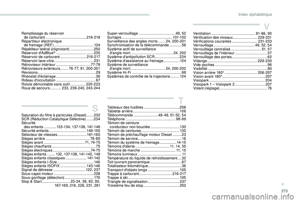 PEUGEOT 3008 2018  Manuel du propriétaire (in French) 275
VVentilation ........................................... 81- 8 6, 9 0
Vérification des niveaux  ........................229 -231
Vérifications courantes
 

.........................231-233
Verro