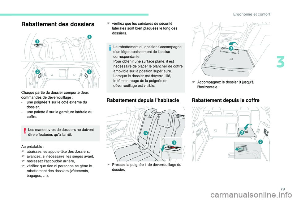 PEUGEOT 3008 2018  Manuel du propriétaire (in French) 79
Rabattement des dossiers
Le rabattement du dossier s'accompagne 
d'un léger abaissement de l'assise 
correspondante.
Pour obtenir une sur face plane, il est 
nécessaire de placer le p