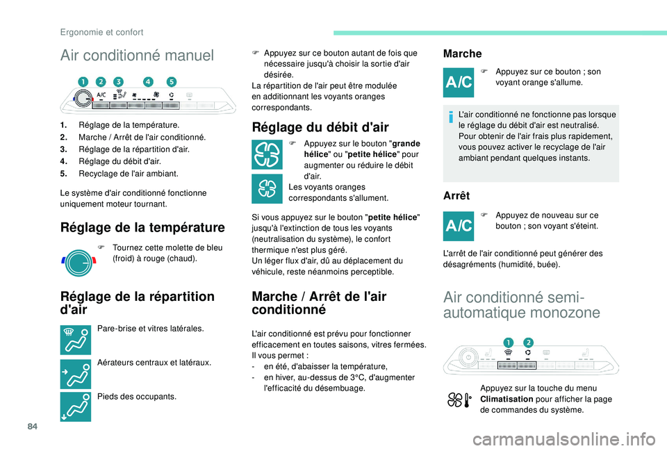 PEUGEOT 3008 2018  Manuel du propriétaire (in French) 84
Air conditionné manuel
1.Réglage de la température.
2. Marche
  / Arrêt de l'air conditionné.
3. Réglage de la répartition d'air.
4. Réglage du débit d'air.
5. Recyclage de l&#
