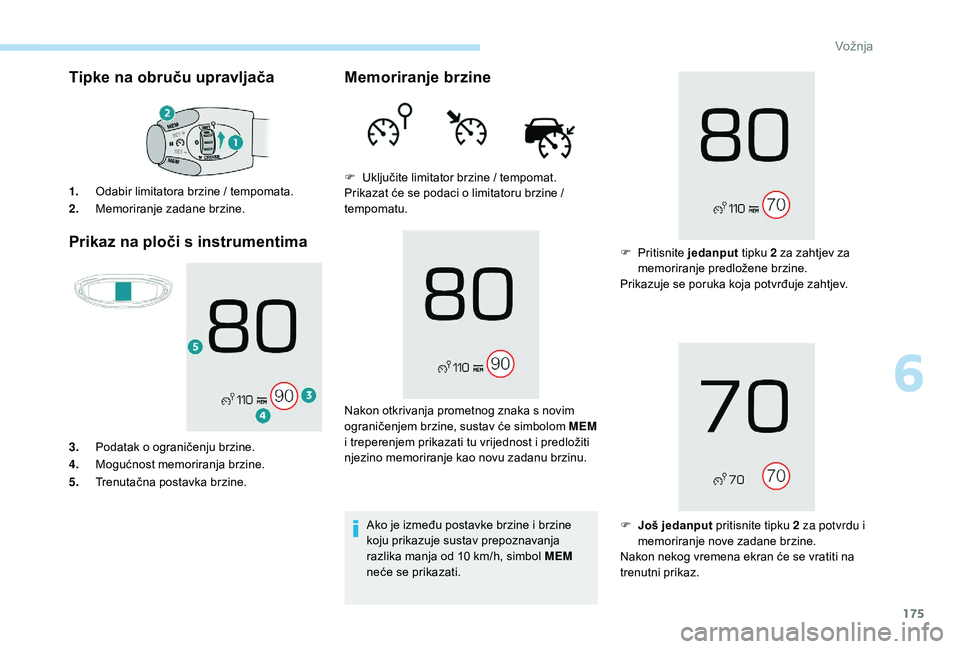 PEUGEOT 3008 2018  Upute Za Rukovanje (in Croatian) 175
Tipke na obruču upravljača
Prikaz na ploči s instrumentima
1. Odabir limitatora brzine / tempomata.
2. Memoriranje zadane brzine.
3. Podatak o ograničenju brzine.
4. Mogućnost memoriranja brz