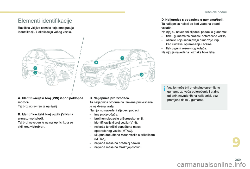 PEUGEOT 3008 2018 Upute Za Rukovanje (in Croatian) 269
Elementi identifikacije
Različite vidljive oznake koje omogućuju
identifikaciju i lokalizaciju vašeg vozila.
A. Identifikacijski broj (VIN) ispod poklopca
motora.
Taj broj ugraviran je na ša PEUGEOT 3008 2018 Upute Za Rukovanje (in Croatian) 269
Elementi identifikacije
Različite vidljive oznake koje omogućuju
identifikaciju i lokalizaciju vašeg vozila.
A. Identifikacijski broj (VIN) ispod poklopca
motora.
Taj broj ugraviran je na ša
