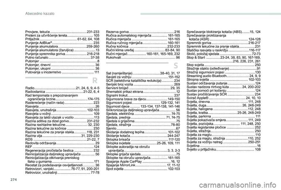 PEUGEOT 3008 2018 Upute Za Rukovanje (in Croatian) 274
Provjere, tekuće .........................................23 1-233
Prsteni za učvršćenje tereta .............................105
Prtljažnik
.......................................... 61- PEUGEOT 3008 2018 Upute Za Rukovanje (in Croatian) 274
Provjere, tekuće .........................................23 1-233
Prsteni za učvršćenje tereta .............................105
Prtljažnik
.......................................... 61-