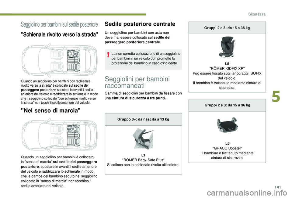 PEUGEOT 3008 2018  Manuale duso (in Italian) 141
Seggiolino per bambini sul sedile posteriore
"Schienale rivolto verso la strada"
"Nel senso di marcia"
Quando un seggiolino per bambini è collocato 
in "senso di marcia" s