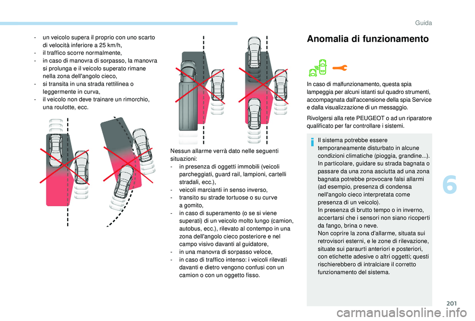 PEUGEOT 3008 2018 Manuale duso (in Italian) 201
Nessun allarme verrà dato nelle seguenti
situazioni:
-
i
n presenza di oggetti immobili (veicoli
parcheggiati, guard rail, lampioni, cartelli
stradali, ecc.),
-
v
eicoli marcianti in sens PEUGEOT 3008 2018 Manuale duso (in Italian) 201
Nessun allarme verrà dato nelle seguenti
situazioni:
-
i
n presenza di oggetti immobili (veicoli
parcheggiati, guard rail, lampioni, cartelli
stradali, ecc.),
-
v
eicoli marcianti in sens