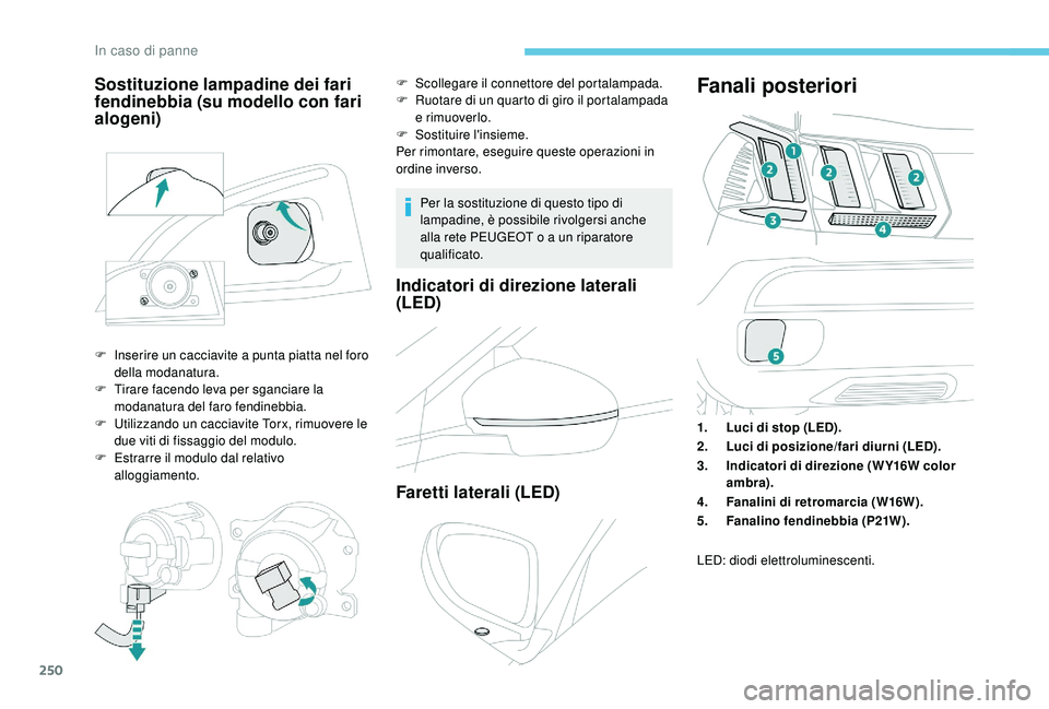 PEUGEOT 3008 2018  Manuale duso (in Italian) 250
Per la sostituzione di questo tipo di 
lampadine, è possibile rivolgersi anche 
alla rete PEUGEOT o a un riparatore 
qualificato.
Indicatori di direzione laterali 
(LED)
Faretti laterali (LED)
Fa