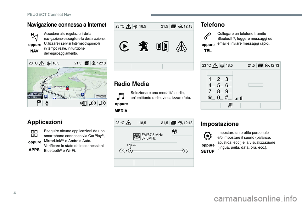 PEUGEOT 3008 2018  Manuale duso (in Italian) 4
12:13
18,5 21,5
23 °C
FM/87.5 MHz
87.5MHz
12:13
18,5 21,5
23 °C
12:13
18,5 21,5
23 °C
12:13
18,5 21,5
23 °C
Navigazione connessa a Internet
 oppure 
Accedere alle regolazioni della 
navigazione 