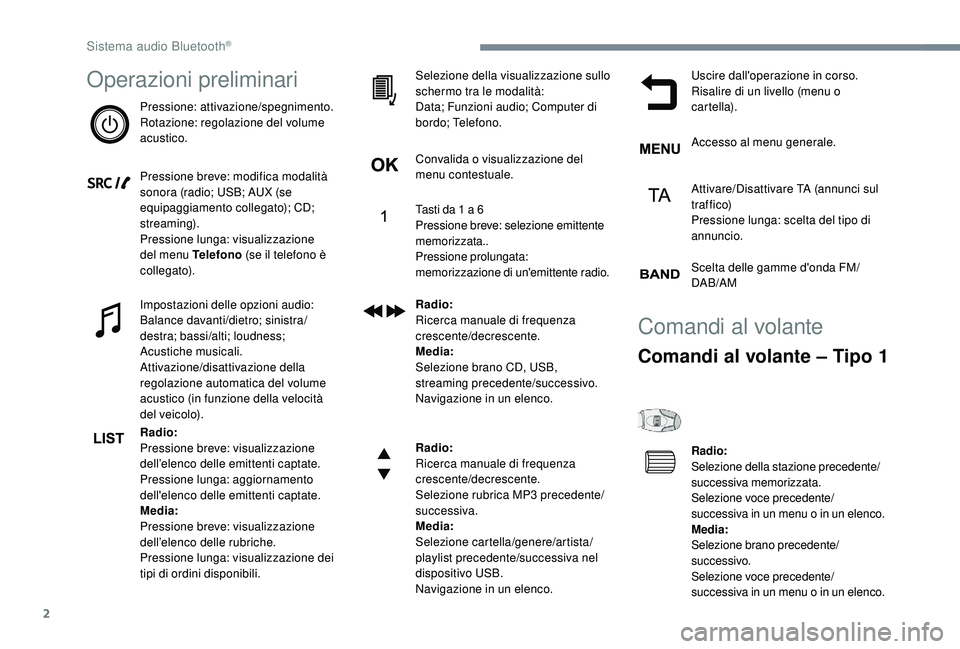PEUGEOT 3008 2018  Manuale duso (in Italian) 2
Operazioni preliminari
Pressione: attivazione/spegnimento.
Rotazione: regolazione del volume 
acustico.
Pressione breve: modifica modalità 
sonora (radio; USB; AUX (se 
equipaggiamento collegato); 