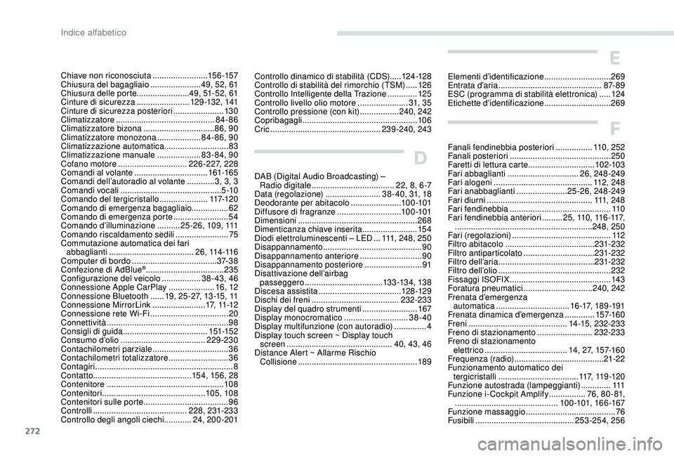 PEUGEOT 3008 2018  Manuale duso (in Italian) 272
Chiave non riconosciuta ........................15 6 -157
Chiusura del bagagliaio  ......................49, 52, 61
Chiusura delle porte .......................49, 51-52, 61
Cinture di sicurezza
 