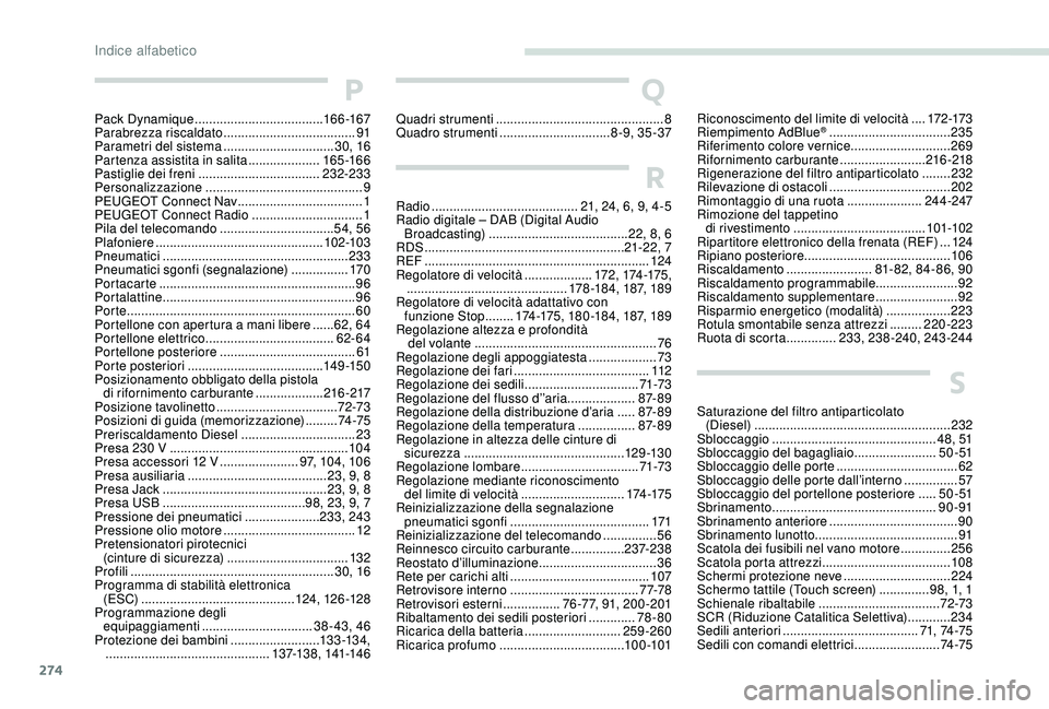 PEUGEOT 3008 2018  Manuale duso (in Italian) 274
P
Pack Dynamique .................................... 166 -167
Parabrezza riscaldato ..................................... 91
P
arametri del sistema   ...............................30, 16
Partenz