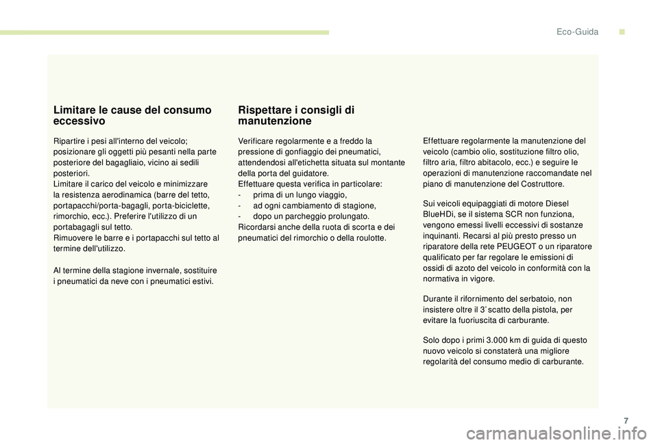 PEUGEOT 3008 2018  Manuale duso (in Italian) 7
Limitare le cause del consumo 
eccessivo
Ripartire i pesi all'interno del veicolo; 
posizionare gli oggetti più pesanti nella parte 
posteriore del bagagliaio, vicino ai sedili 
posteriori.
Lim