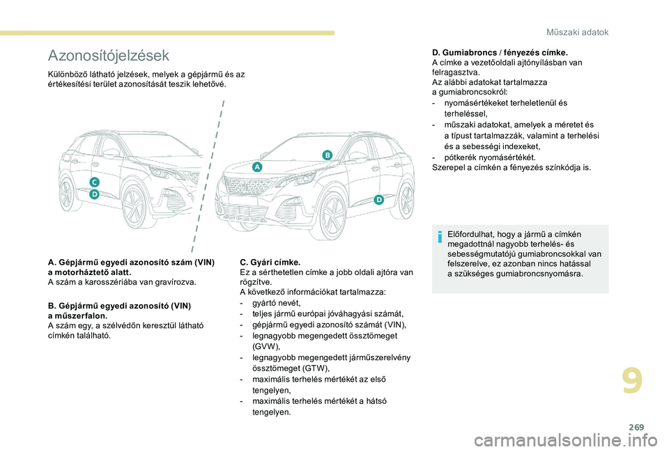 PEUGEOT 3008 2018 Kezelési útmutató (in Hungarian) 269
Azonosítójelzések
Különböző látható jelzések, melyek a gépjármű és az
é rtékesítési terület azonosítását teszik lehetővé.
A. Gépjármű egyedi azonosító szám (VIN)
a
PEUGEOT 3008 2018 Kezelési útmutató (in Hungarian) 269
Azonosítójelzések
Különböző látható jelzések, melyek a gépjármű és az
é rtékesítési terület azonosítását teszik lehetővé.
A. Gépjármű egyedi azonosító szám (VIN)
a