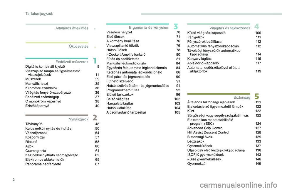 PEUGEOT 3008 2018  Kezelési útmutató (in Hungarian) 2
.
.
Digitális kombinált kijelző 8
V isszajelző lámpa és figyelmeztető visszajelzések
 

11
Műszerek
 2

9
Manuális teszt
 
3
 5
Kilométer-számlálók
 3

6
Világítás fényerő-szabál