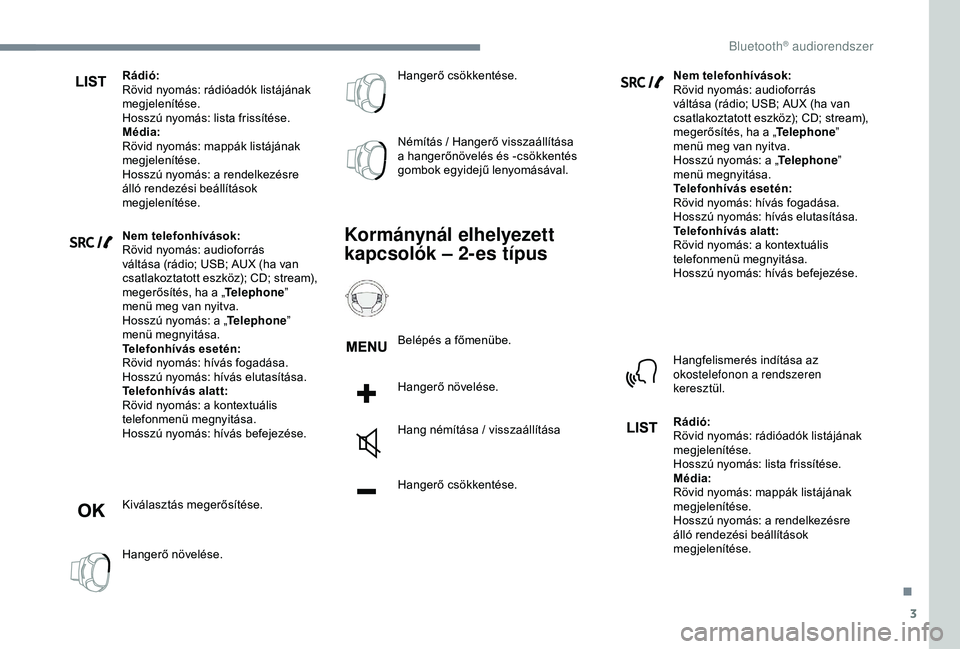 PEUGEOT 3008 2018 Kezelési útmutató (in Hungarian) 3
Rádió:
Rövid nyomás: rádióadók listájának
megjelenítése.
Hosszú nyomás: lista frissítése.
Média:
Rövid nyomás: mappák listájának
megjelenítése.
Hosszú nyomás: a rendelkez PEUGEOT 3008 2018 Kezelési útmutató (in Hungarian) 3
Rádió:
Rövid nyomás: rádióadók listájának
megjelenítése.
Hosszú nyomás: lista frissítése.
Média:
Rövid nyomás: mappák listájának
megjelenítése.
Hosszú nyomás: a rendelkez