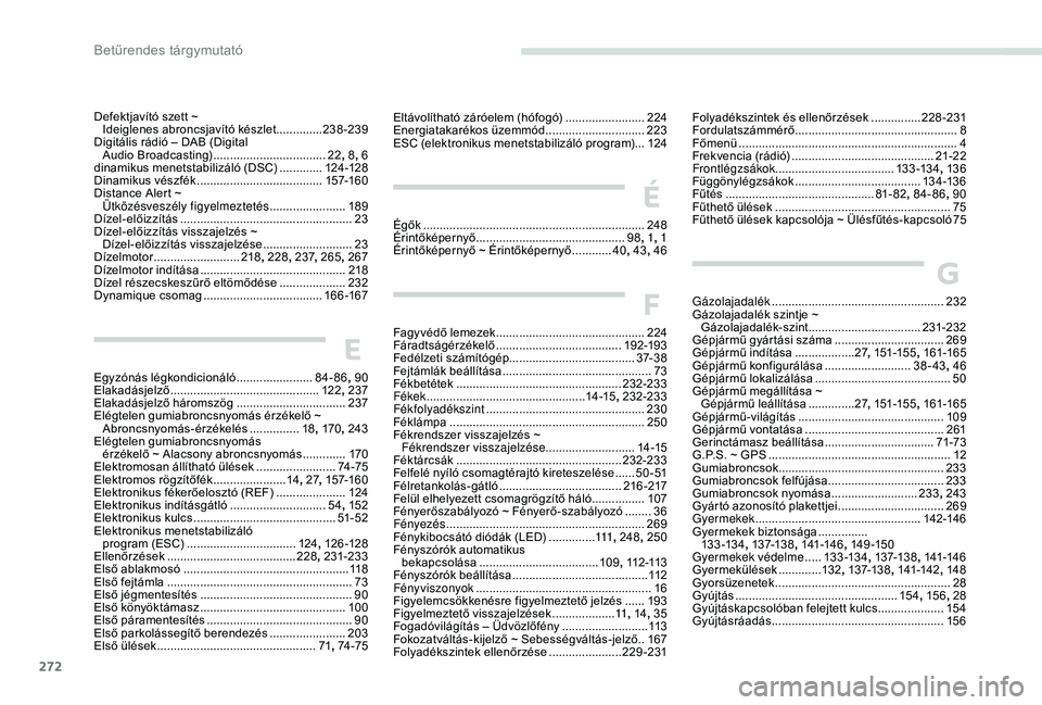 PEUGEOT 3008 2018 Kezelési útmutató (in Hungarian) 272
Defektjavító szett ~ Ideiglenes abroncsjavító készlet ..............238-239
Digitális rádió – DAB (Digital Audio Broadcasting)
.................................. 22,
8, 6
dinamiku PEUGEOT 3008 2018 Kezelési útmutató (in Hungarian) 272
Defektjavító szett ~ Ideiglenes abroncsjavító készlet ..............238-239
Digitális rádió – DAB (Digital Audio Broadcasting)
.................................. 22,
8, 6
dinamiku