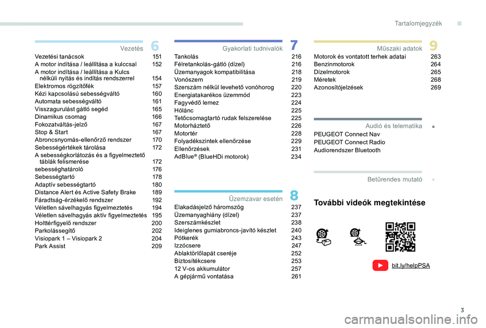 PEUGEOT 3008 2018  Kezelési útmutató (in Hungarian) 3
bit.ly/helpPSA
.
.
Vezetési tanácsok 151
A motor indítása / leállítása a   kulccsal  1 52
A motor indítása / leállítása a
  Kulcs  
nélküli nyitás és indítás rendszerrel
 
1
 54
El