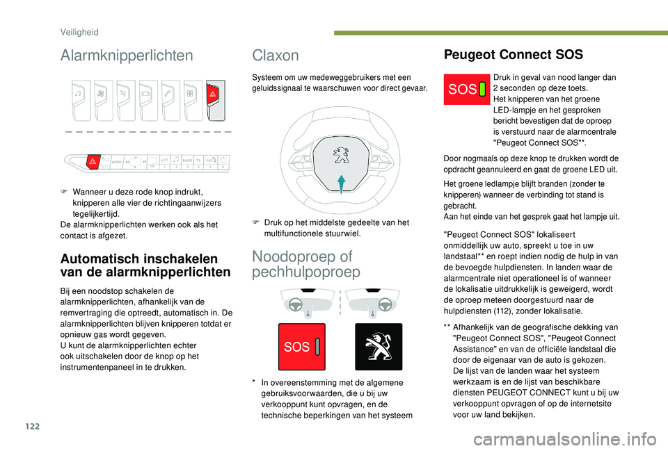PEUGEOT 3008 2018 Instructieboekje (in Dutch) 122
Alarmknipperlichten
F Wanneer u deze rode knop indrukt, knipperen alle vier de richtingaanwijzers
tegelijkertijd.
De alarmknipperlichten werken ook als het
contact is afgezet.
Automatisch inscha PEUGEOT 3008 2018 Instructieboekje (in Dutch) 122
Alarmknipperlichten
F Wanneer u deze rode knop indrukt, knipperen alle vier de richtingaanwijzers
tegelijkertijd.
De alarmknipperlichten werken ook als het
contact is afgezet.
Automatisch inscha