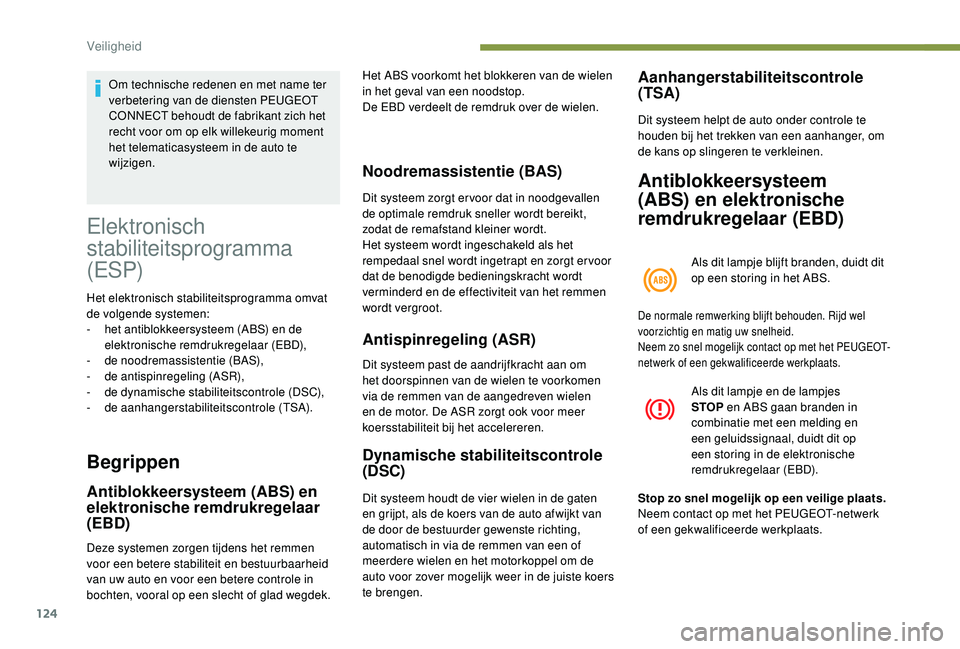PEUGEOT 3008 2018 Instructieboekje (in Dutch) 124
Elektronisch
stabiliteitsprogramma
(ESP)
Het elektronisch stabiliteitsprogramma omvat
de volgende systemen:
-
h
et antiblokkeersysteem (ABS) en de
elektronische remdrukregelaar (EBD),
-
de
PEUGEOT 3008 2018 Instructieboekje (in Dutch) 124
Elektronisch
stabiliteitsprogramma
(ESP)
Het elektronisch stabiliteitsprogramma omvat
de volgende systemen:
-
h
et antiblokkeersysteem (ABS) en de
elektronische remdrukregelaar (EBD),
-
de