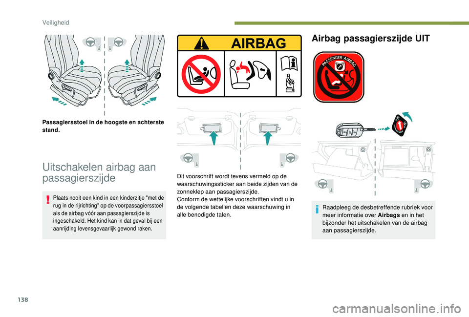 PEUGEOT 3008 2018 Instructieboekje (in Dutch) 138
Passagiersstoel in de hoogste en achterste
stand.
Uitschakelen airbag aan
passagierszijde
Plaats nooit een kind in een kinderzitje "met de
rug in de rijrichting" op de voorpassagierssto PEUGEOT 3008 2018 Instructieboekje (in Dutch) 138
Passagiersstoel in de hoogste en achterste
stand.
Uitschakelen airbag aan
passagierszijde
Plaats nooit een kind in een kinderzitje "met de
rug in de rijrichting" op de voorpassagierssto