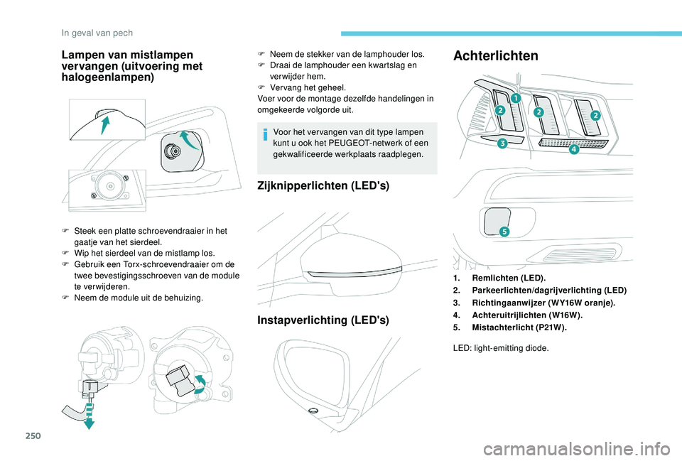 PEUGEOT 3008 2018 Instructieboekje (in Dutch) 250
Voor het ver vangen van dit type lampen
kunt u ook het PEUGEOT-netwerk of een
gekwalificeerde werkplaats raadplegen.
Zijknipperlichten (LED's)
Instapverlichting (LED's)
Achterlichten
1.R PEUGEOT 3008 2018 Instructieboekje (in Dutch) 250
Voor het ver vangen van dit type lampen
kunt u ook het PEUGEOT-netwerk of een
gekwalificeerde werkplaats raadplegen.
Zijknipperlichten (LED's)
Instapverlichting (LED's)
Achterlichten
1.R