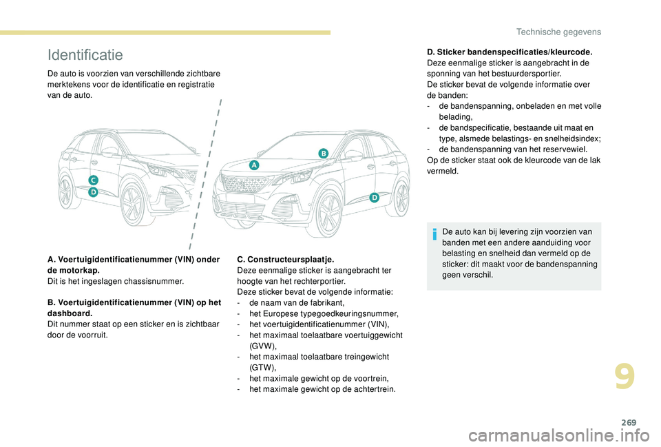 PEUGEOT 3008 2018 Instructieboekje (in Dutch) 269
Identificatie
De auto is voorzien van verschillende zichtbare
merktekens voor de identificatie en registratie
van de auto.
A. Voertuigidentificatienummer (VIN) onder
de motorkap.
Dit is het ing PEUGEOT 3008 2018 Instructieboekje (in Dutch) 269
Identificatie
De auto is voorzien van verschillende zichtbare
merktekens voor de identificatie en registratie
van de auto.
A. Voertuigidentificatienummer (VIN) onder
de motorkap.
Dit is het ing
