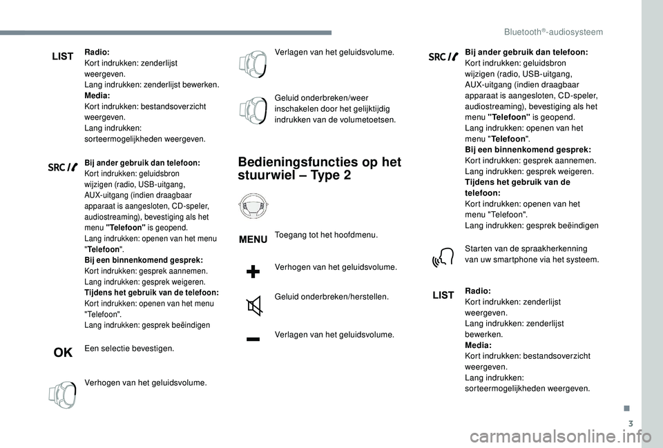 PEUGEOT 3008 2018 Instructieboekje (in Dutch) 3
Radio:
Kort indrukken: zenderlijst
weergeven.
Lang indrukken: zenderlijst bewerken.
Media:
Kort indrukken: bestandsoverzicht
weergeven.
Lang indrukken:
sorteermogelijkheden weergeven.
Bij ander g PEUGEOT 3008 2018 Instructieboekje (in Dutch) 3
Radio:
Kort indrukken: zenderlijst
weergeven.
Lang indrukken: zenderlijst bewerken.
Media:
Kort indrukken: bestandsoverzicht
weergeven.
Lang indrukken:
sorteermogelijkheden weergeven.
Bij ander g