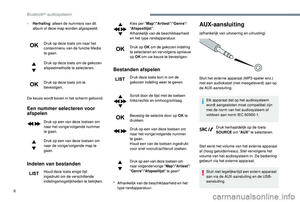 PEUGEOT 3008 2018 Instructieboekje (in Dutch) 8
- Herhaling: alleen de nummers van dit
album of deze map worden afgespeeld.
Druk op deze toets om naar het
contextmenu van de functie Media
te gaan.
Druk op deze toets om de gekozen
afspeelmetho PEUGEOT 3008 2018 Instructieboekje (in Dutch) 8
- Herhaling: alleen de nummers van dit
album of deze map worden afgespeeld.
Druk op deze toets om naar het
contextmenu van de functie Media
te gaan.
Druk op deze toets om de gekozen
afspeelmetho