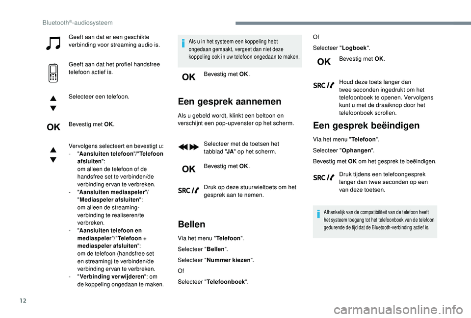 PEUGEOT 3008 2018 Instructieboekje (in Dutch) 12
Geeft aan dat er een geschikte
verbinding voor streaming audio is.
Geeft aan dat het profiel handsfree
telefoon actief is.
Selecteer een telefoon.
Bevestig met OK.
Vervolgens selecteert en bevest PEUGEOT 3008 2018 Instructieboekje (in Dutch) 12
Geeft aan dat er een geschikte
verbinding voor streaming audio is.
Geeft aan dat het profiel handsfree
telefoon actief is.
Selecteer een telefoon.
Bevestig met OK.
Vervolgens selecteert en bevest