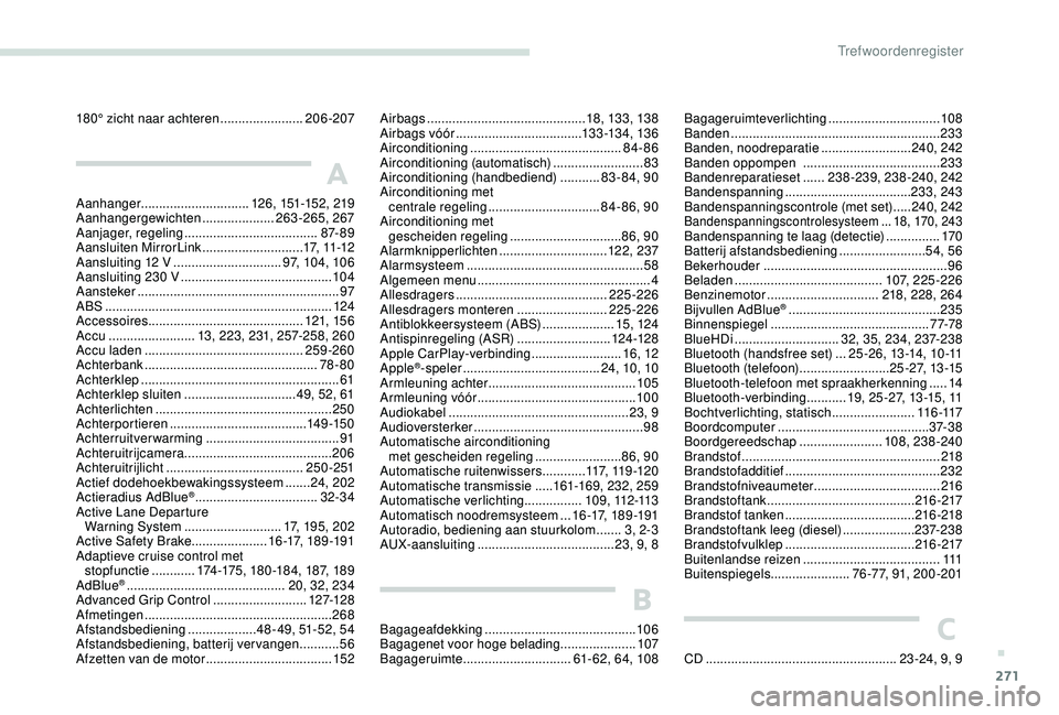 PEUGEOT 3008 2018 Instructieboekje (in Dutch) 271
180° zicht naar achteren .......................20 6-207
A
Aanhanger.............................. 126, 151-152, 219
Aanhangergewichten ....................263-265, 267
Aanjager, regeling
..... PEUGEOT 3008 2018 Instructieboekje (in Dutch) 271
180° zicht naar achteren .......................20 6-207
A
Aanhanger.............................. 126, 151-152, 219
Aanhangergewichten ....................263-265, 267
Aanjager, regeling
.....