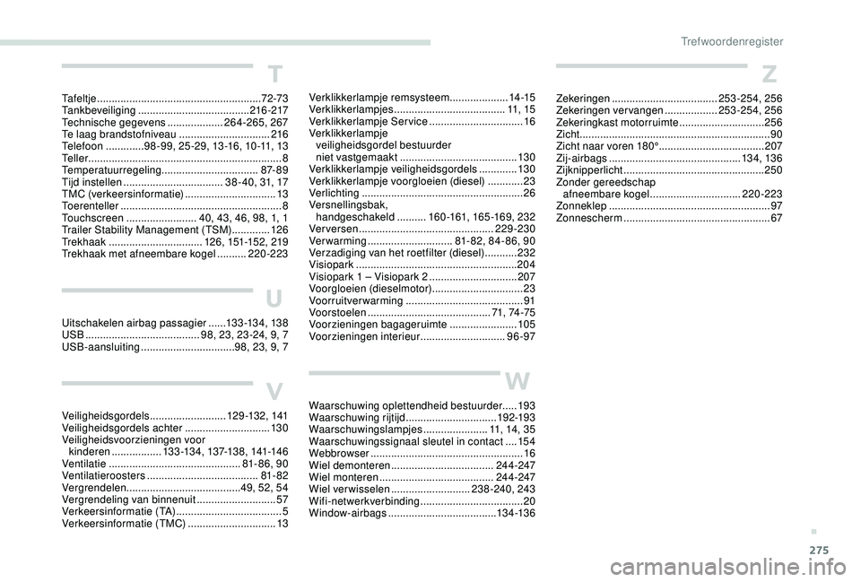 PEUGEOT 3008 2018  Instructieboekje (in Dutch) 275
Z
Zekeringen .................................... 253-254, 256
Zekeringen vervangen  ..................253-254, 256
Zekeringkast motorruimte
 

.............................256
Zicht .............