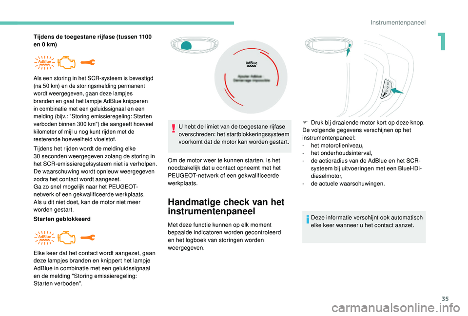 PEUGEOT 3008 2018  Instructieboekje (in Dutch) 35
Tijdens de toegestane rijfase (tussen 1100 
en 0 km)
Tijdens het rijden wordt de melding elke 
30  seconden weergegeven zolang de storing in 
het SCR-emissieregelsysteem niet is verholpen.
De waars