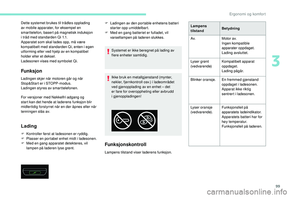 PEUGEOT 3008 2018  Instruksjoner for bruk (in Norwegian) 99
Dette systemet brukes til trådløs opplading 
av mobile apparater, for eksempel en 
smarttelefon, basert på magnetisk induksjon 
i  tråd med standarden Qi 1.1.
Apparatet som skal lades opp, må 