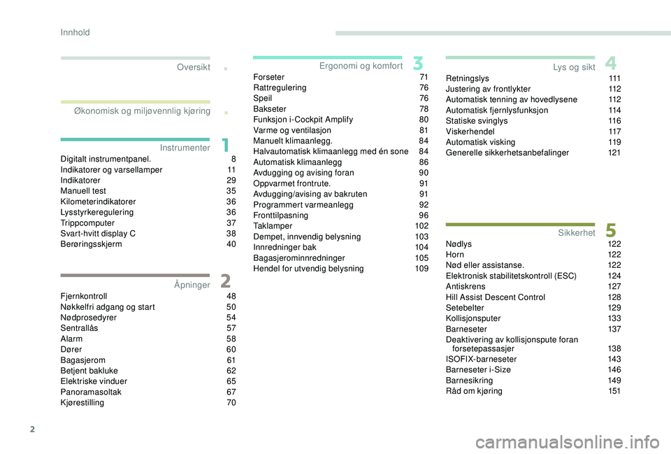 PEUGEOT 3008 2018  Instruksjoner for bruk (in Norwegian) 2
.
.
Digitalt instrumentpanel. 8
I ndikatorer og varsellamper 1 1
Indikatorer
 

29
Manuell test
 
3
 5
Kilometerindikatorer
 

36
Lysstyrkeregulering
 3

6
Trippcomputer
 3

7
Svart-hvitt display C
