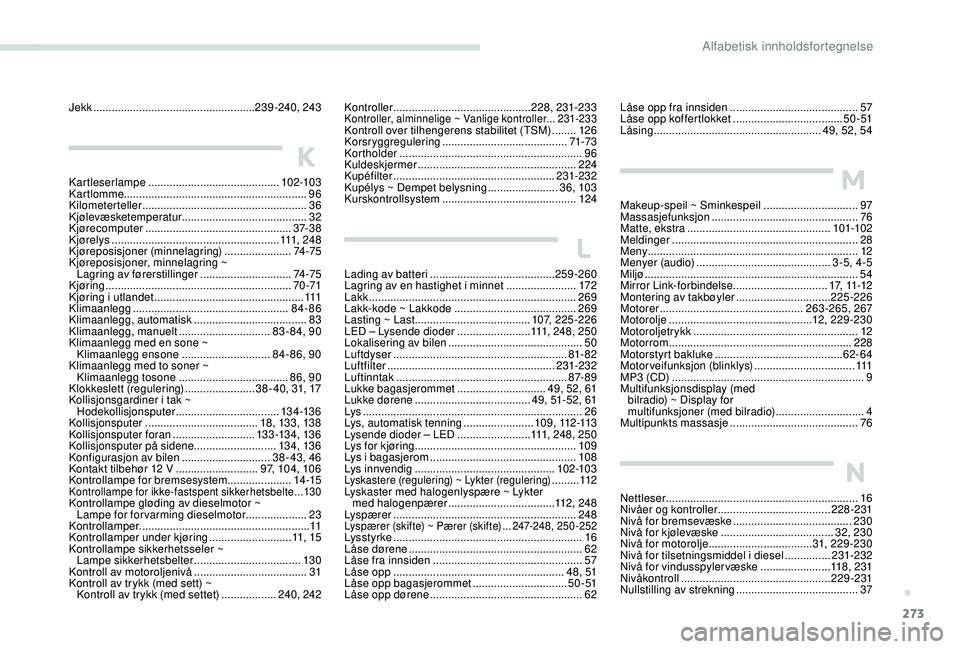 PEUGEOT 3008 2018  Instruksjoner for bruk (in Norwegian) 273
Låse opp fra innsiden ..........................................5 7
Låse opp koffertlokket  ....................................5 0 - 51
Låsing
 

..............................................