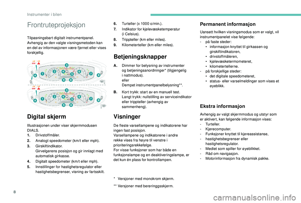 PEUGEOT 3008 2018  Instruksjoner for bruk (in Norwegian) 8
Frontruteprojeksjon
Tilpasningsbart digitalt instrumentpanel.
Avhengig av den valgte visningsmetoden kan 
en del av informasjonen være fjernet eller vises 
forskjellig.
Digital skjerm
Illustrasjone