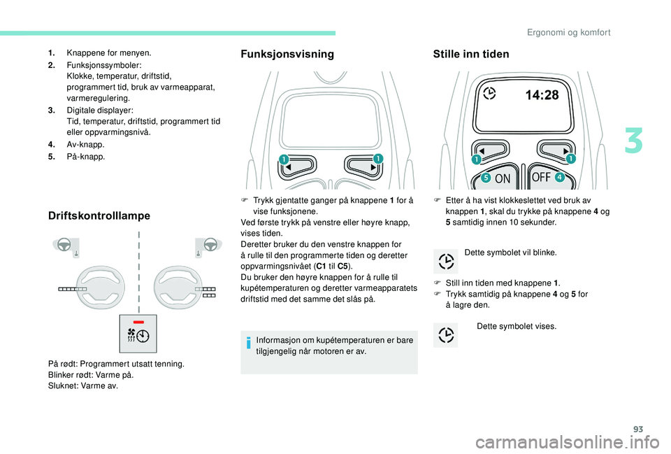 PEUGEOT 3008 2018  Instruksjoner for bruk (in Norwegian) 93
DriftskontrolllampeFunksjonsvisning
Informasjon om kupétemperaturen er bare 
tilgjengelig når motoren er av.
Stille inn tiden
F Still inn tiden med knappene 1
.
F  T rykk samtidig på knappene 4 