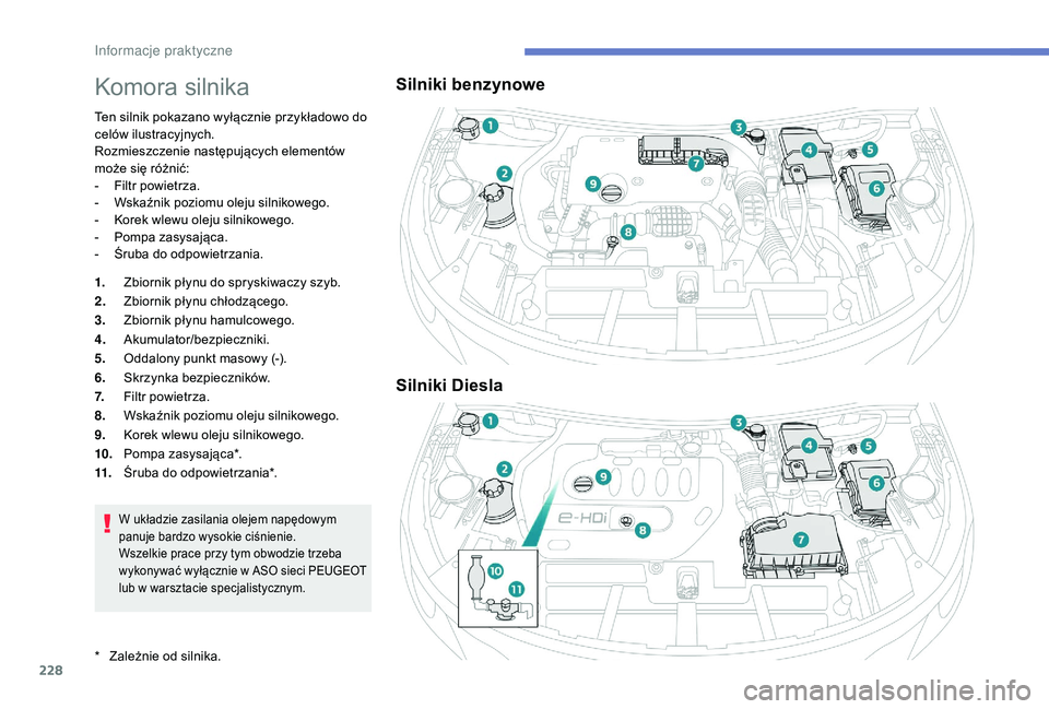 PEUGEOT 3008 2018  Instrukcja obsługi (in Polish) 228
Komora silnika
Ten silnik pokazano wyłącznie przykładowo do 
celów ilustracyjnych.
Rozmieszczenie następujących elementów 
może się różnić:
- 
F
 iltr powietrza.
-
 
W
 skaźnik poziom