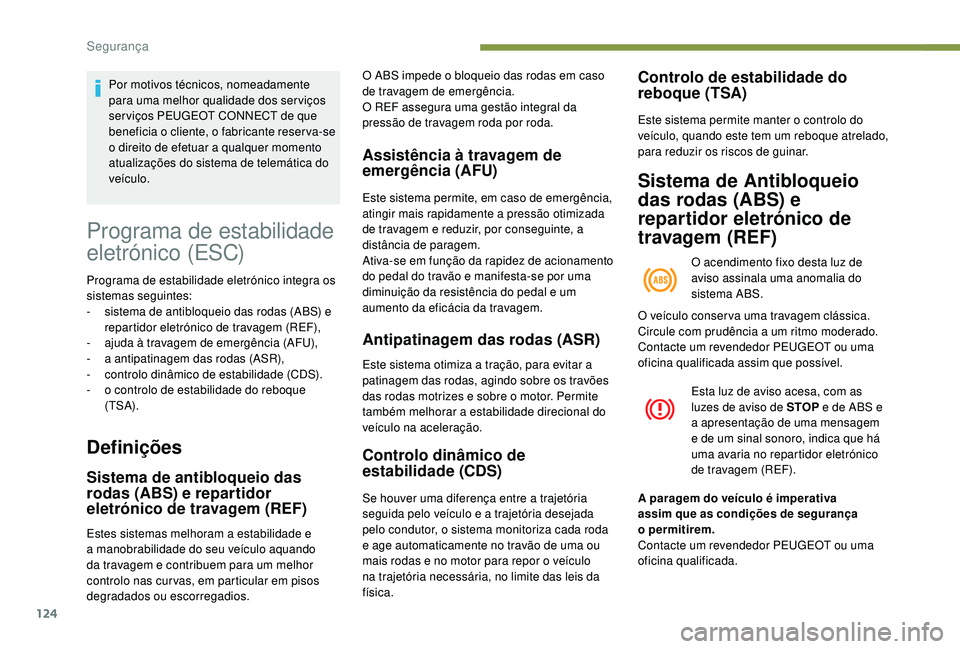 PEUGEOT 3008 2018 Manual de utilização (in Portuguese) 124
Programa de estabilidade
eletrónico (ESC)
Programa de estabilidade eletrónico integra os
sistemas seguintes:
-
s
istema de antibloqueio das rodas (ABS) e
repartidor eletrónico de travagem PEUGEOT 3008 2018 Manual de utilização (in Portuguese) 124
Programa de estabilidade
eletrónico (ESC)
Programa de estabilidade eletrónico integra os
sistemas seguintes:
-
s
istema de antibloqueio das rodas (ABS) e
repartidor eletrónico de travagem