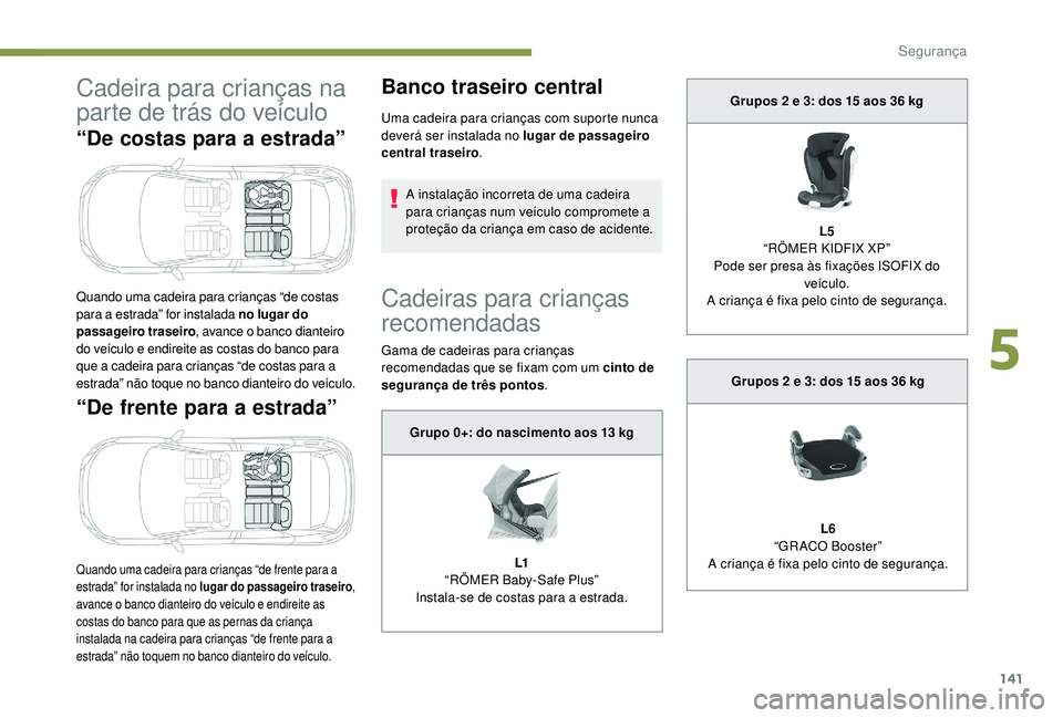 PEUGEOT 3008 2018  Manual de utilização (in Portuguese) 141
Cadeira para crianças na 
parte de trás do veículo
“De costas para a estrada”
“De frente para a estrada”
Quando uma cadeira para crianças “de frente para a 
estrada” for instalada 