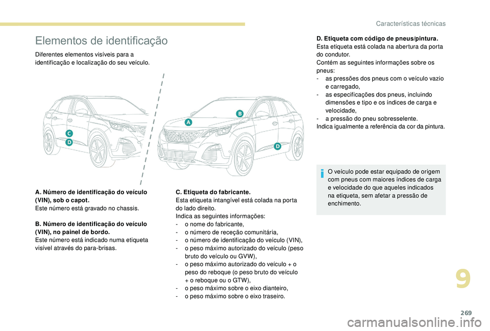 PEUGEOT 3008 2018  Manual de utilização (in Portuguese) 269
Elementos de identificação
Diferentes elementos visíveis para a 
identificação e localização do seu veículo.
A. Número de identificação do veículo 
(VIN), sob o capot.
Este número est