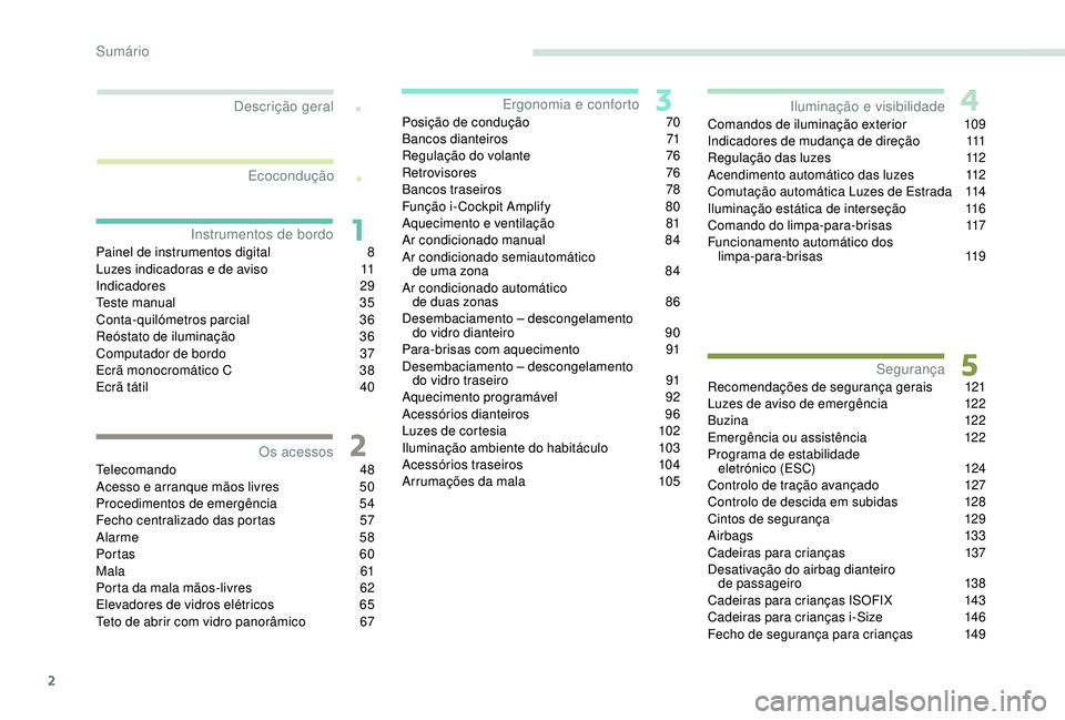 PEUGEOT 3008 2018  Manual de utilização (in Portuguese) 2
.
.
Painel de instrumentos digital 8
L uzes indicadoras e de aviso  1 1
Indicadores
 

29
Teste manual
 3

5
Conta-quilómetros parcial
 3

6
Reóstato de iluminação
 
3
 6
Computador de bordo
 
3