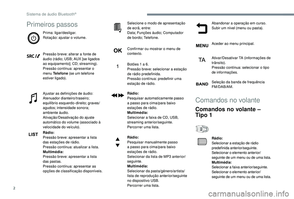 PEUGEOT 3008 2018  Manual de utilização (in Portuguese) 2
Primeiros passos
Prima: ligar/desligar.
Rotação: ajustar o volume.
Pressão breve: alterar a fonte de 
áudio (rádio; USB; AUX [se ligados 
ao equipamento]; CD; streaming).
Pressão contínua: ap