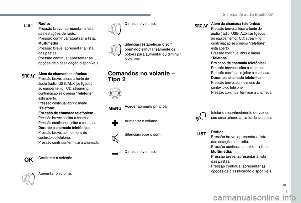 PEUGEOT 3008 2018  Manual de utilização (in Portuguese) 3
Rádio:
Pressão breve: apresentar a lista 
das estações de rádio.
Pressão contínua: atualizar a lista.
Multimédia:
Pressão breve: apresentar a lista 
das pastas.
Pressão contínua: apresent
