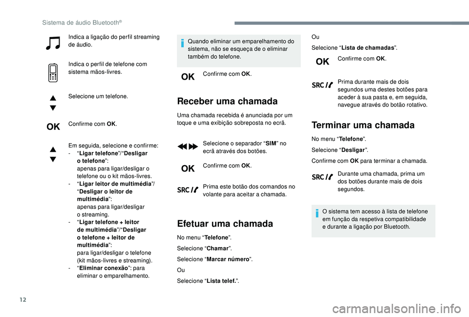 PEUGEOT 3008 2018 Manual de utilização (in Portuguese) 12
Indica a ligação do per fil streaming
de áudio.
Indica o per fil de telefone com
sistema mãos-livres.
Selecione um telefone.
Confirme com OK.
Em seguida, selecione e confirme:
- “Ligar tel PEUGEOT 3008 2018 Manual de utilização (in Portuguese) 12
Indica a ligação do per fil streaming
de áudio.
Indica o per fil de telefone com
sistema mãos-livres.
Selecione um telefone.
Confirme com OK.
Em seguida, selecione e confirme:
- “Ligar tel