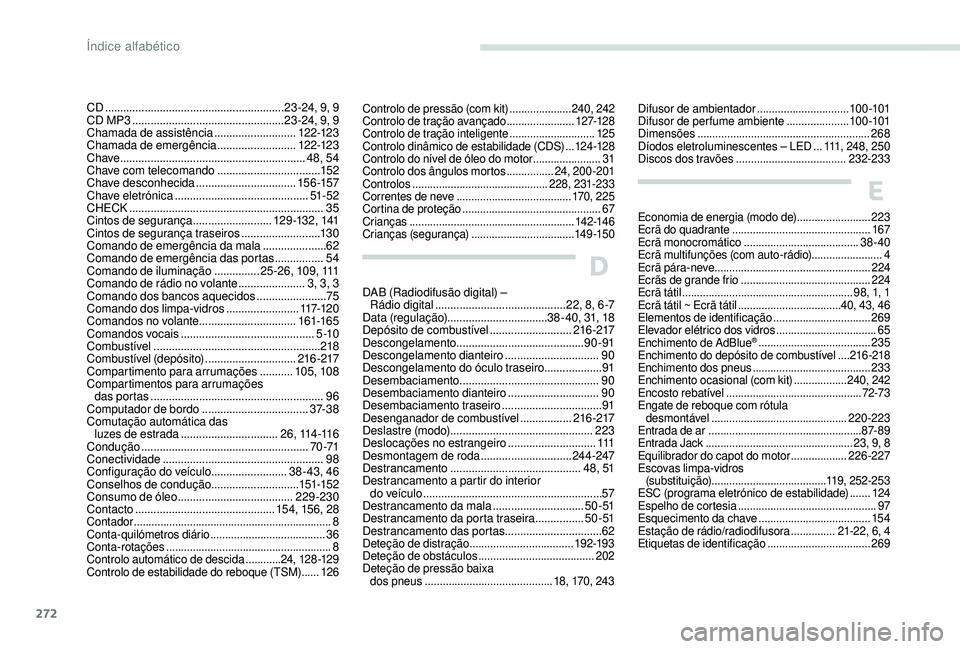 PEUGEOT 3008 2018  Manual de utilização (in Portuguese) 272
CD ........................................................... 23 -24, 9, 9
CD MP3   .................................................. 23 -24, 9, 9
Chamada de assistência
 

....................
